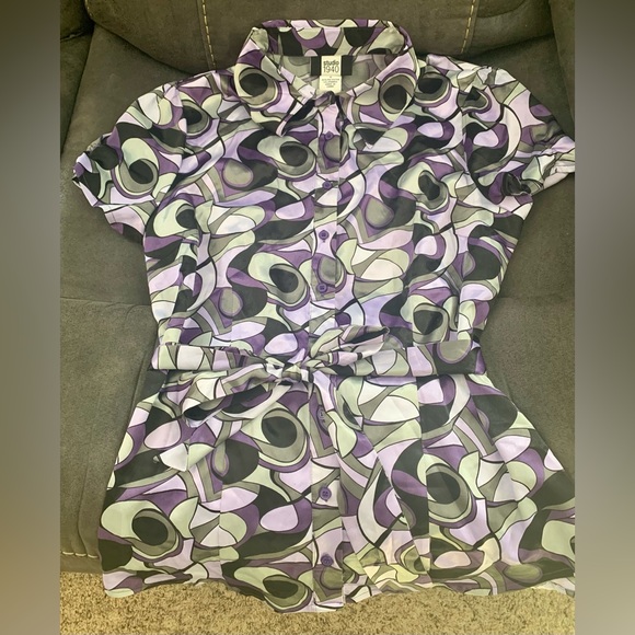 Lot of 2 sz Small tops shirts blouse satin purple retro print - Picture 7 of 9